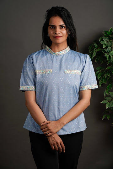 The Framed Linen Top Ice Blue