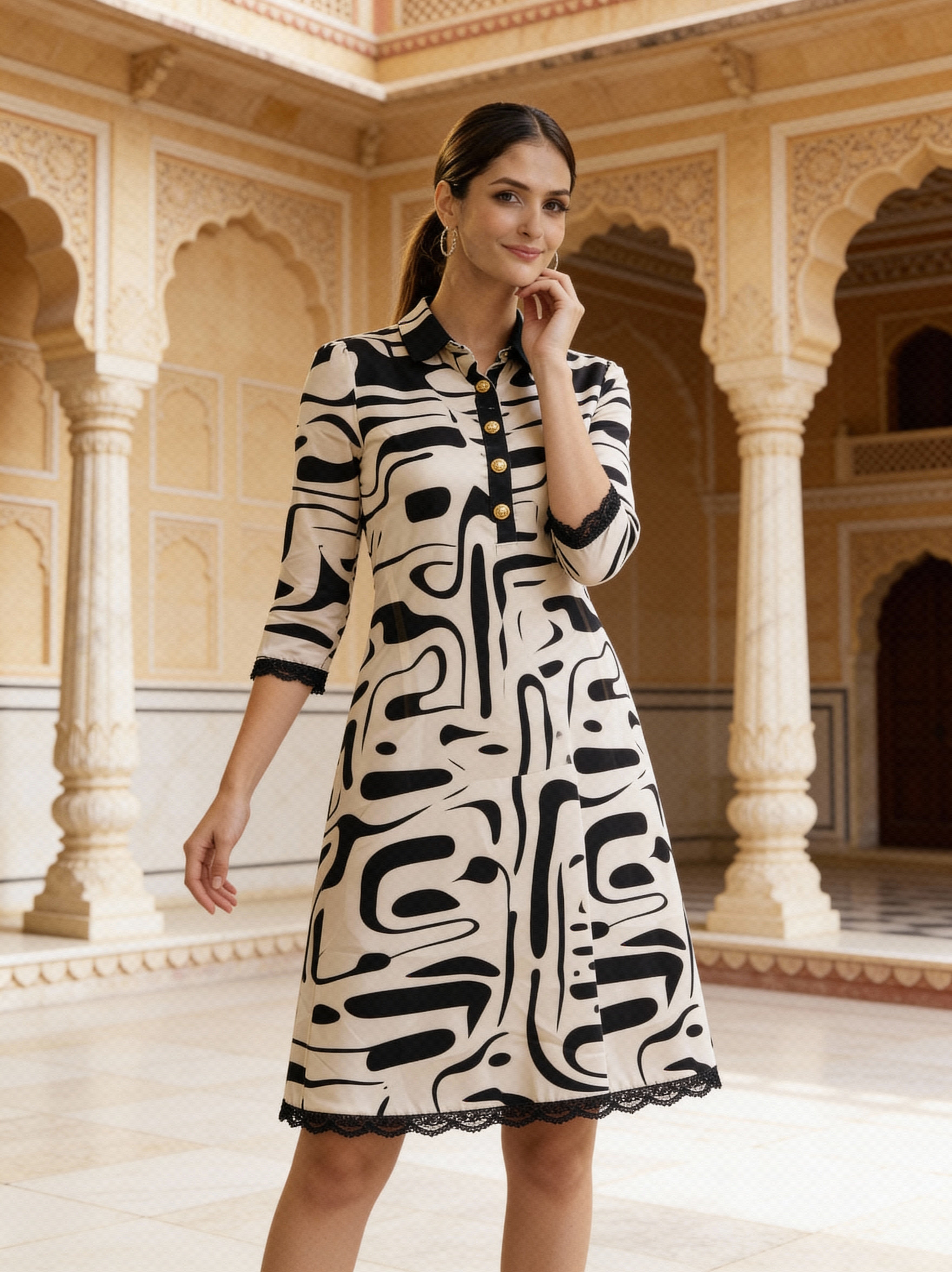 Ivory Noir Heritage Printed Dress