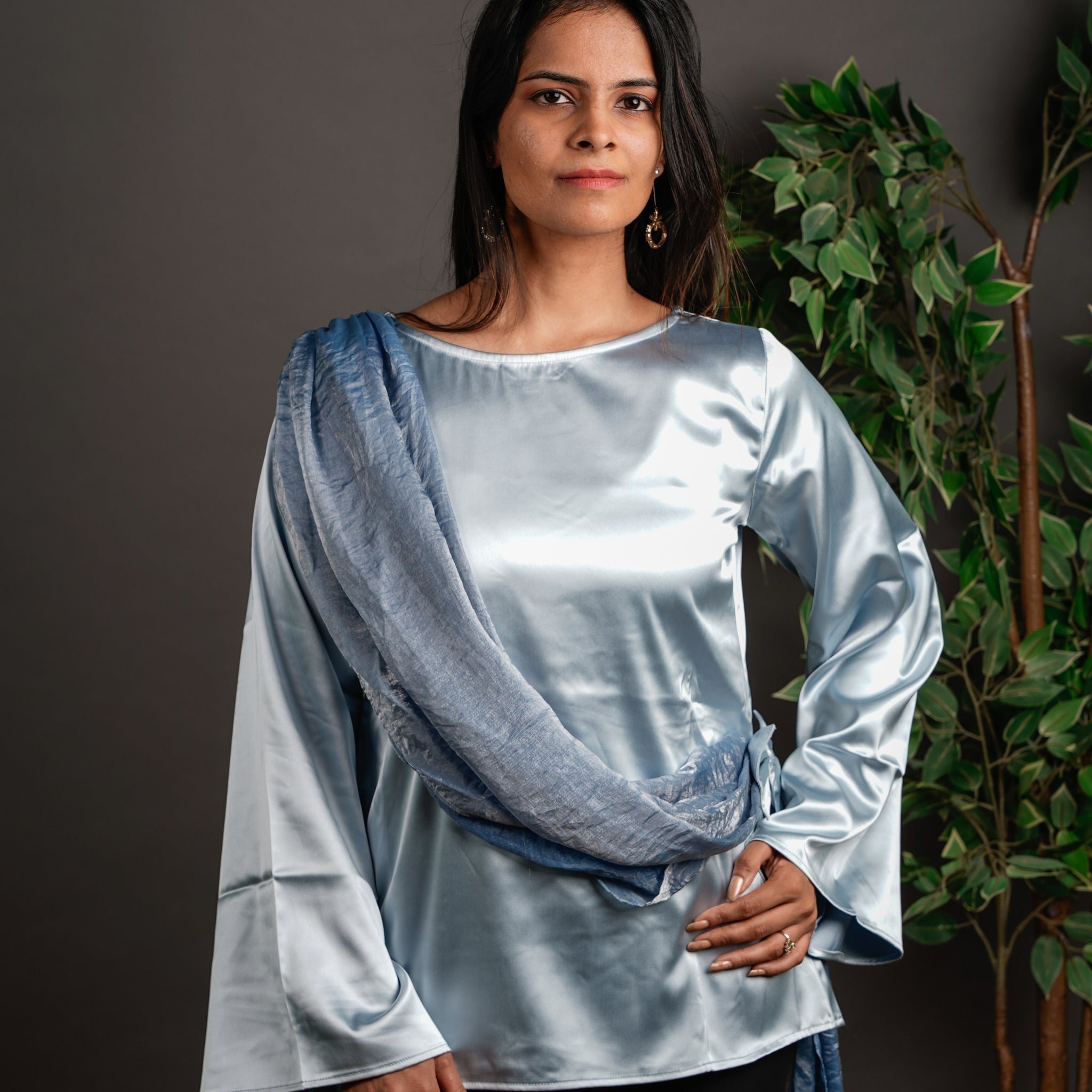 The Draped Ruffle Top Silver Grey