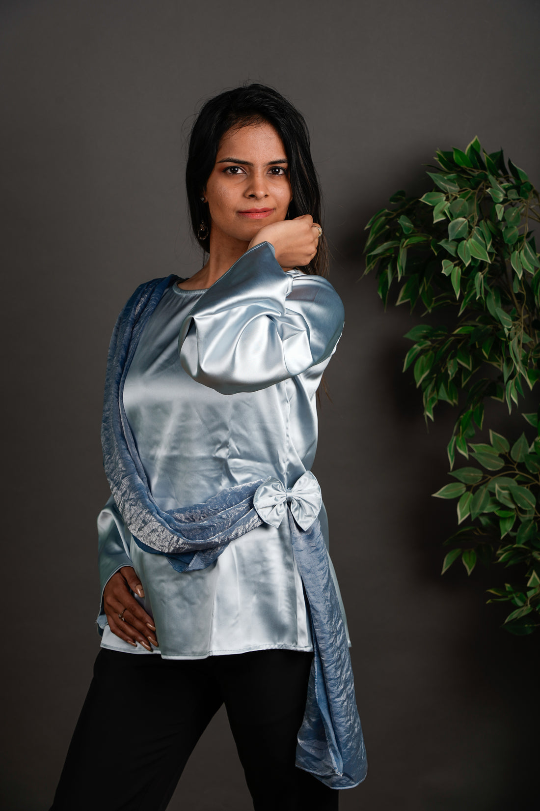 The Draped Ruffle Top Silver Grey