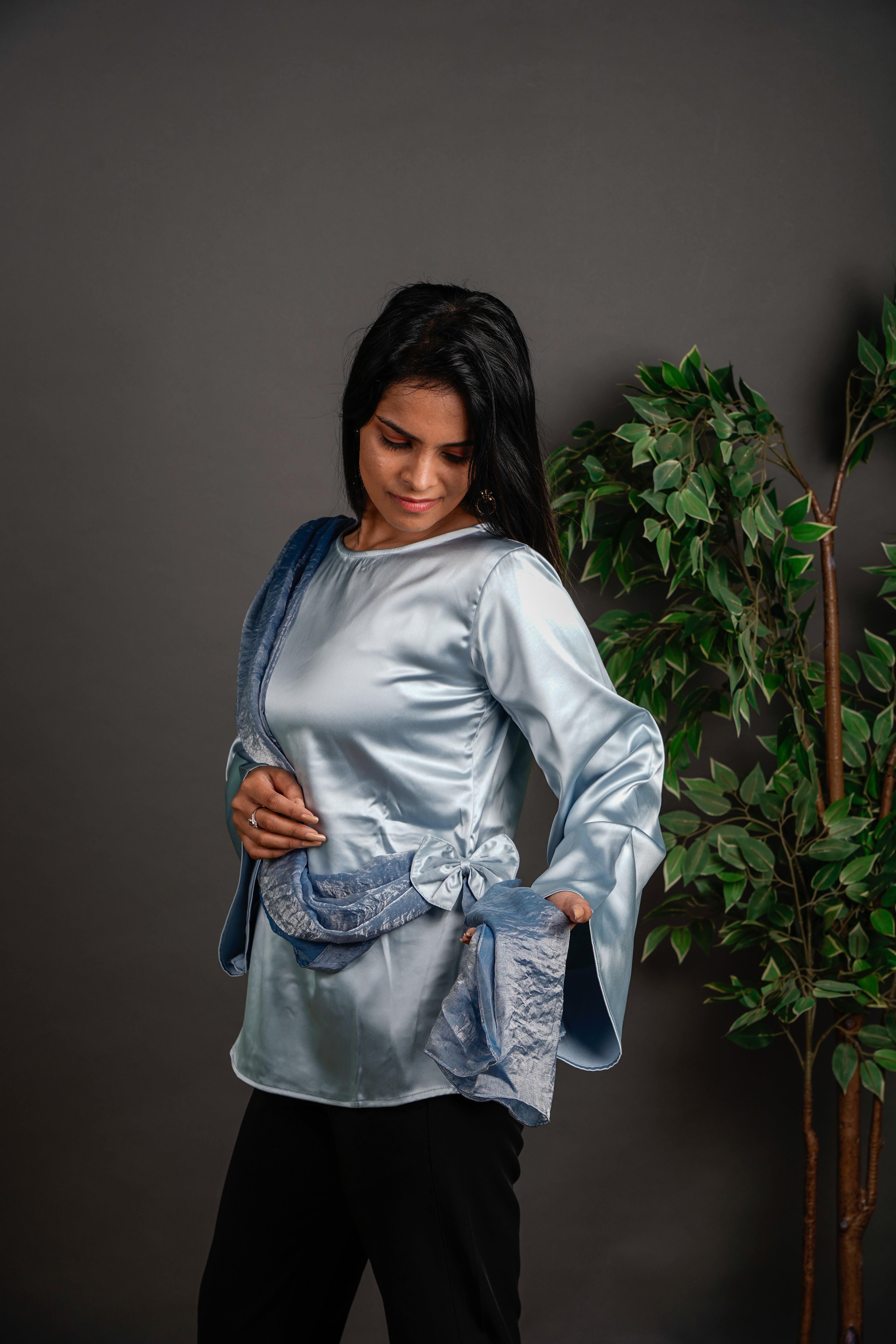 The Draped Ruffle Top Silver Grey