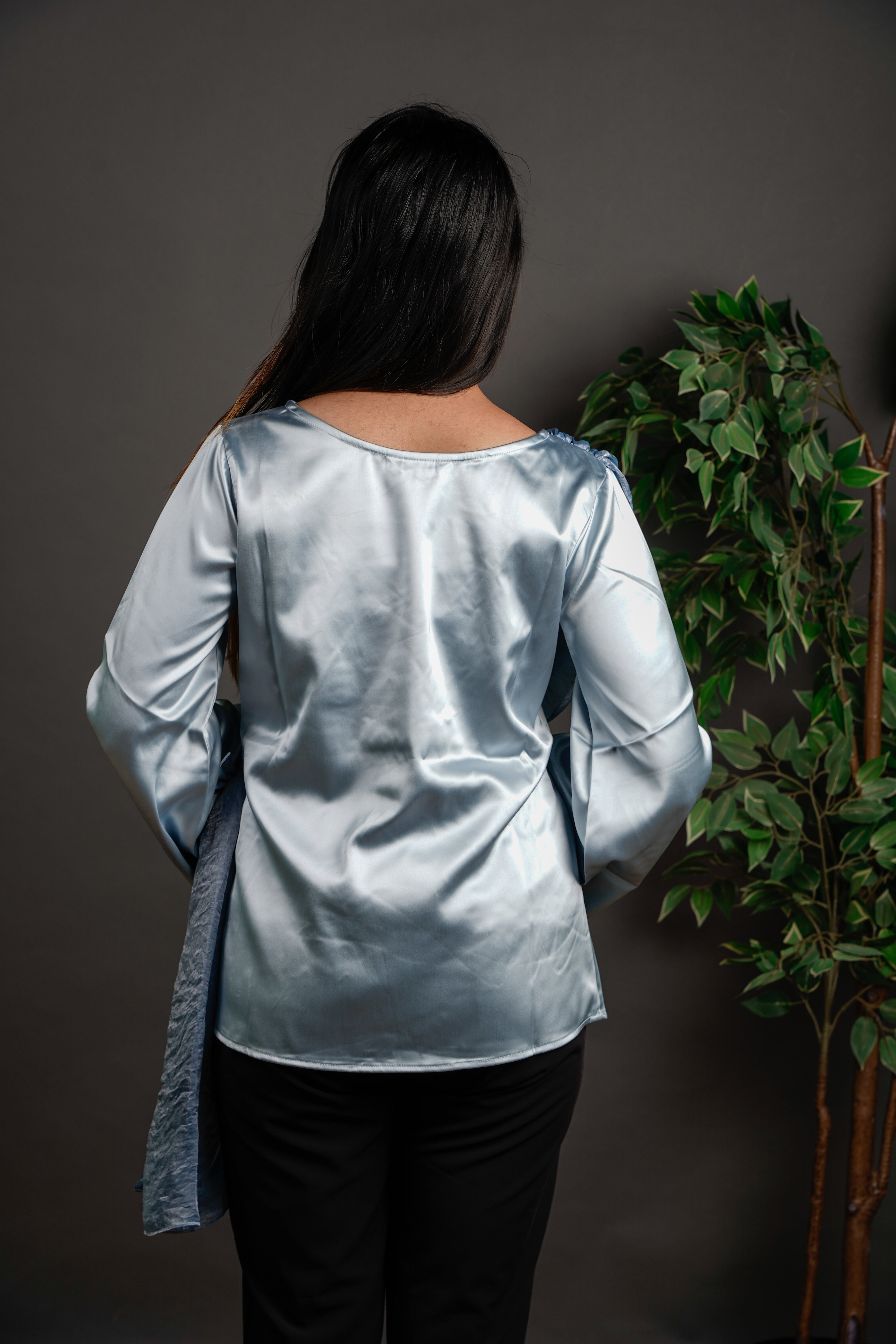 The Draped Ruffle Top Silver Grey