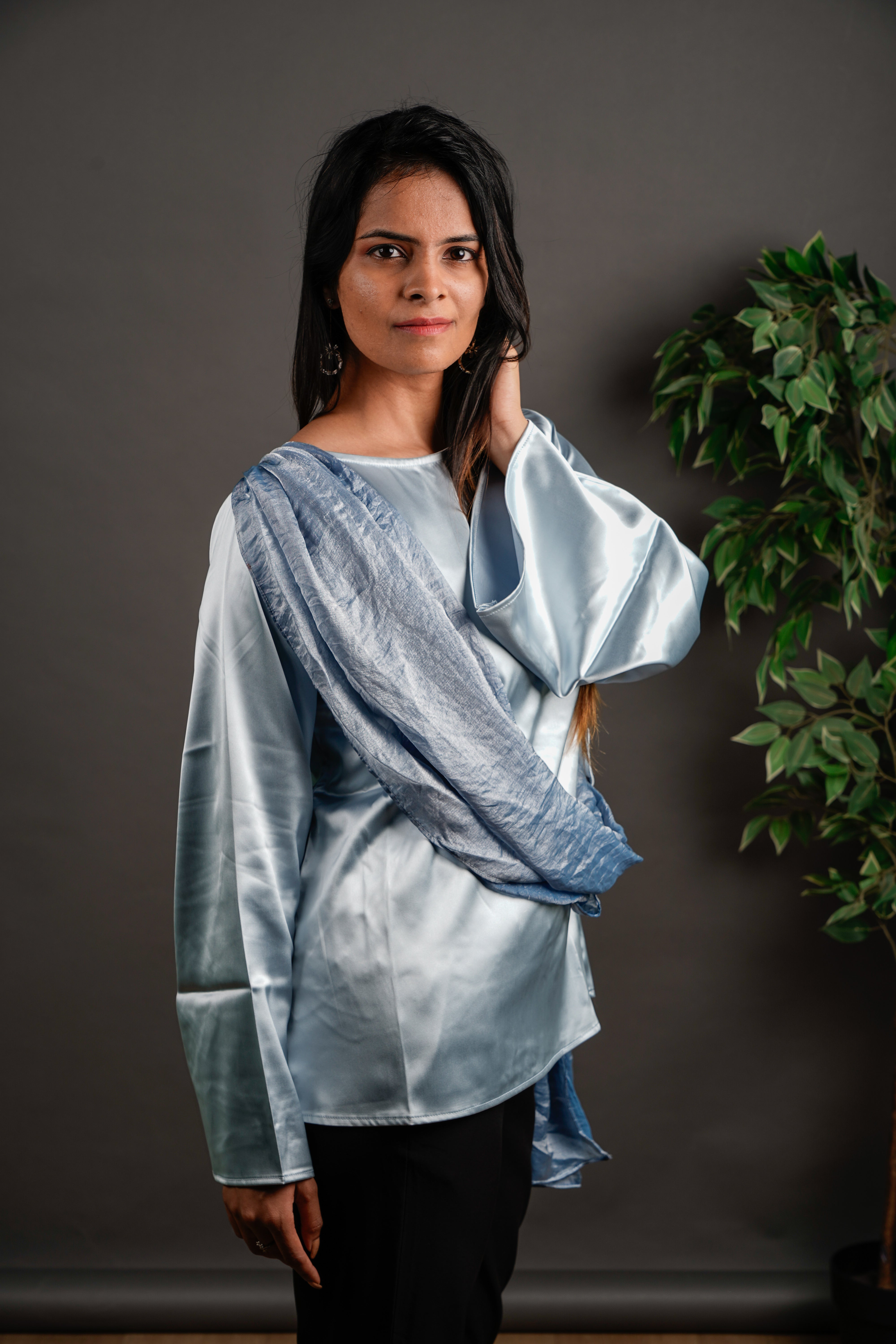 The Draped Ruffle Top Silver Grey