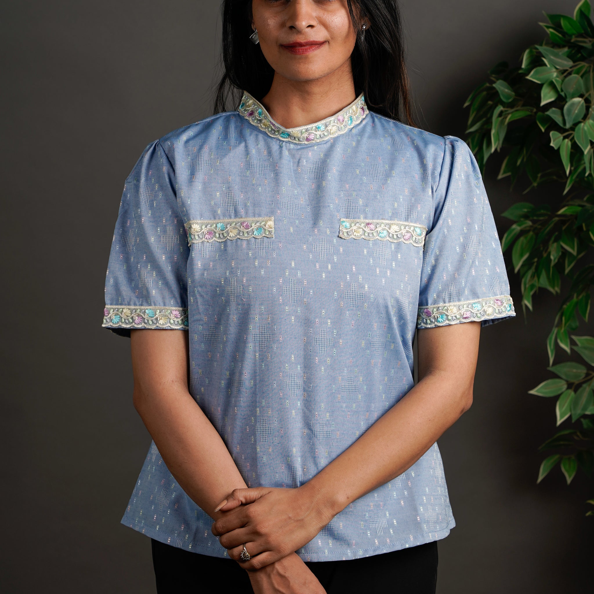 The Framed Linen Top Ice Blue