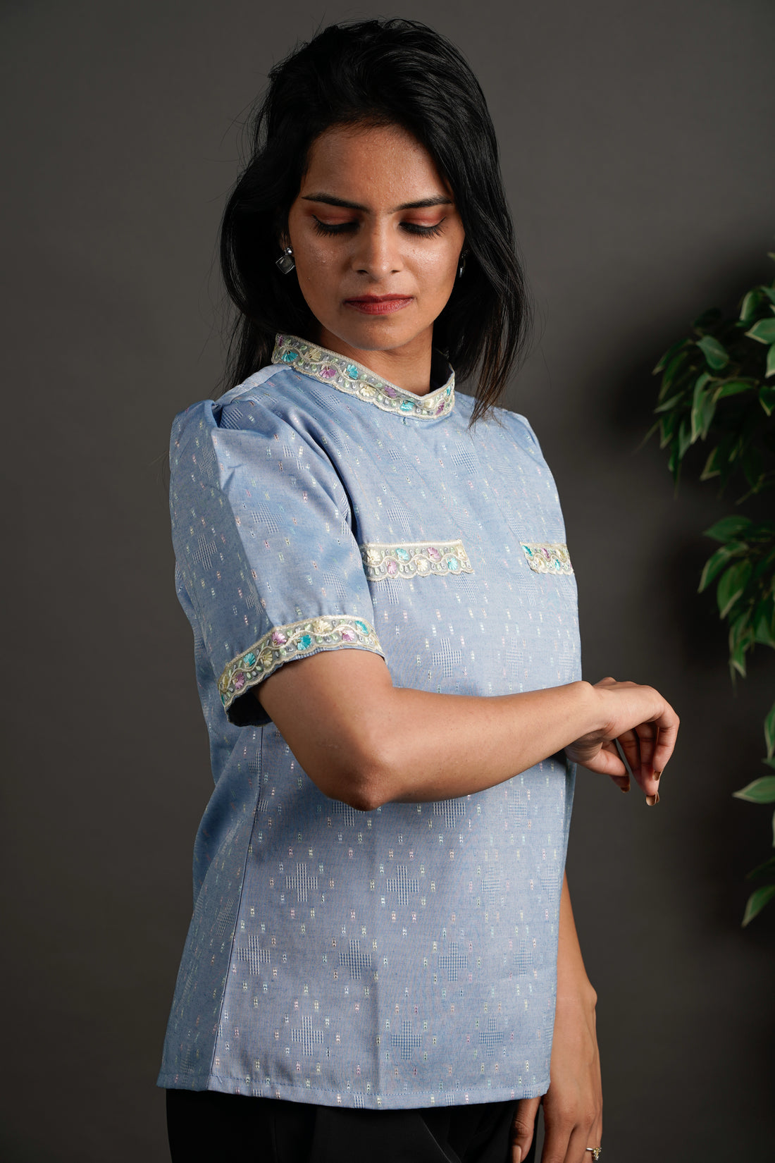 The Framed Linen Top Ice Blue