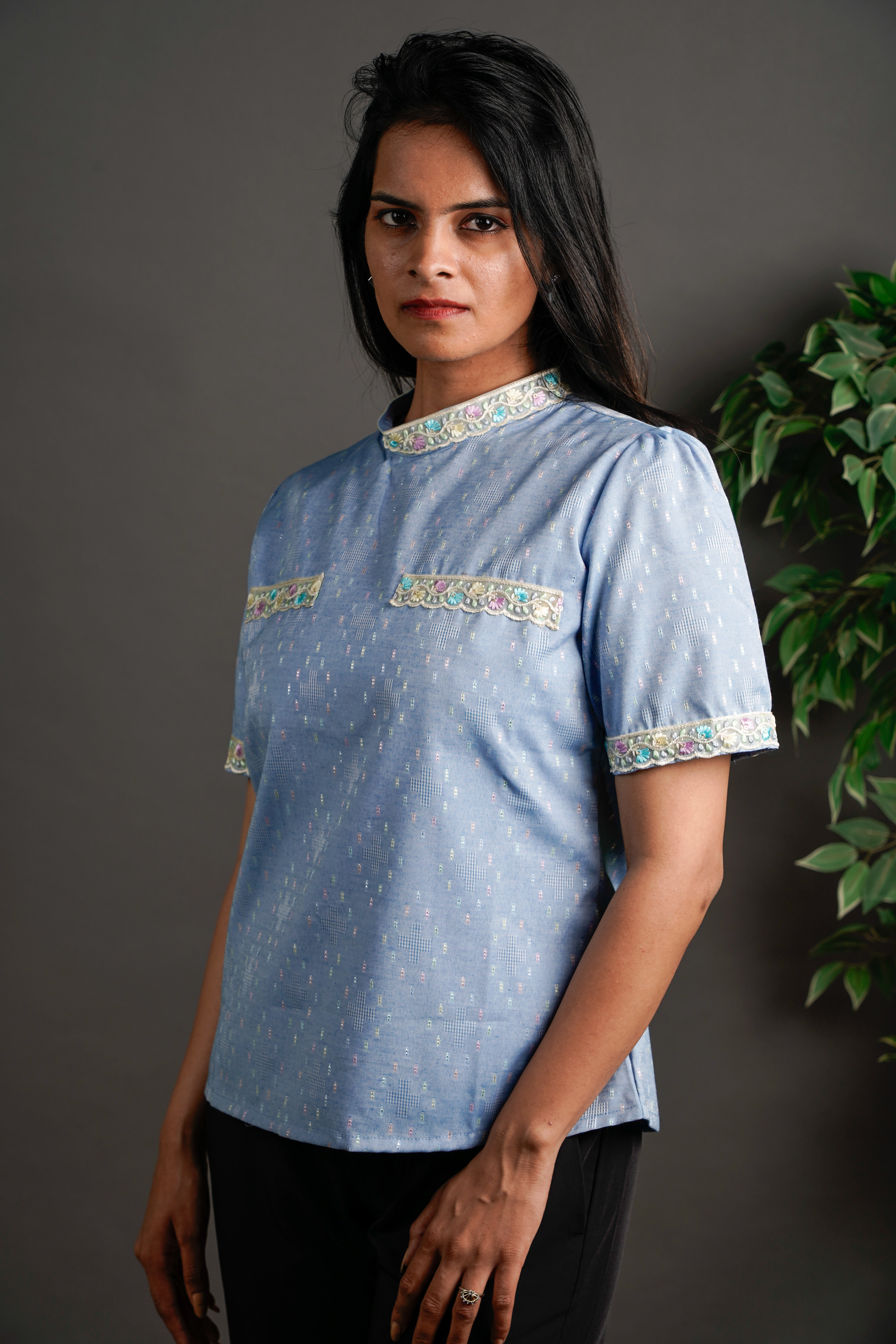 The Framed Linen Top Ice Blue