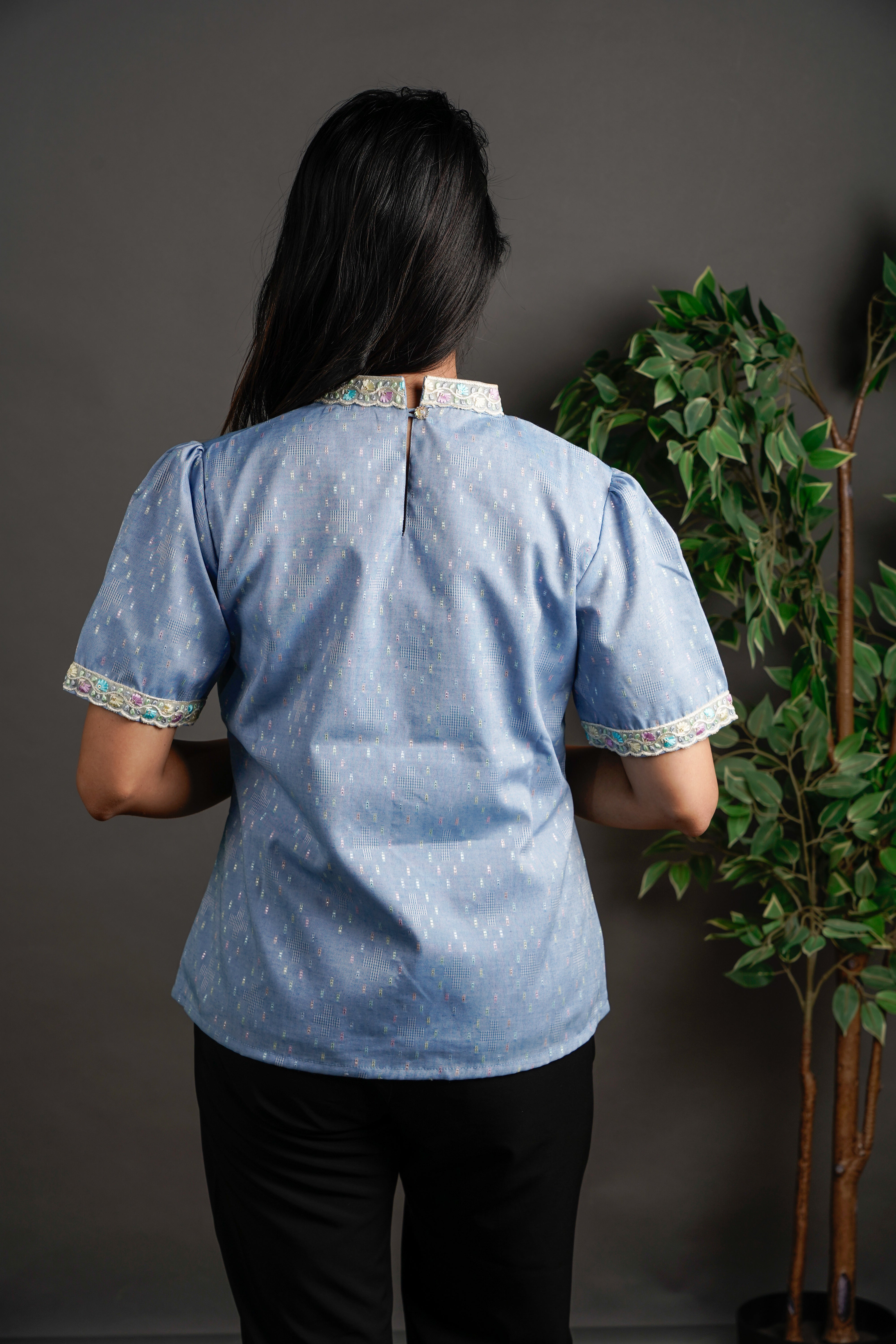 The Framed Linen Top Ice Blue
