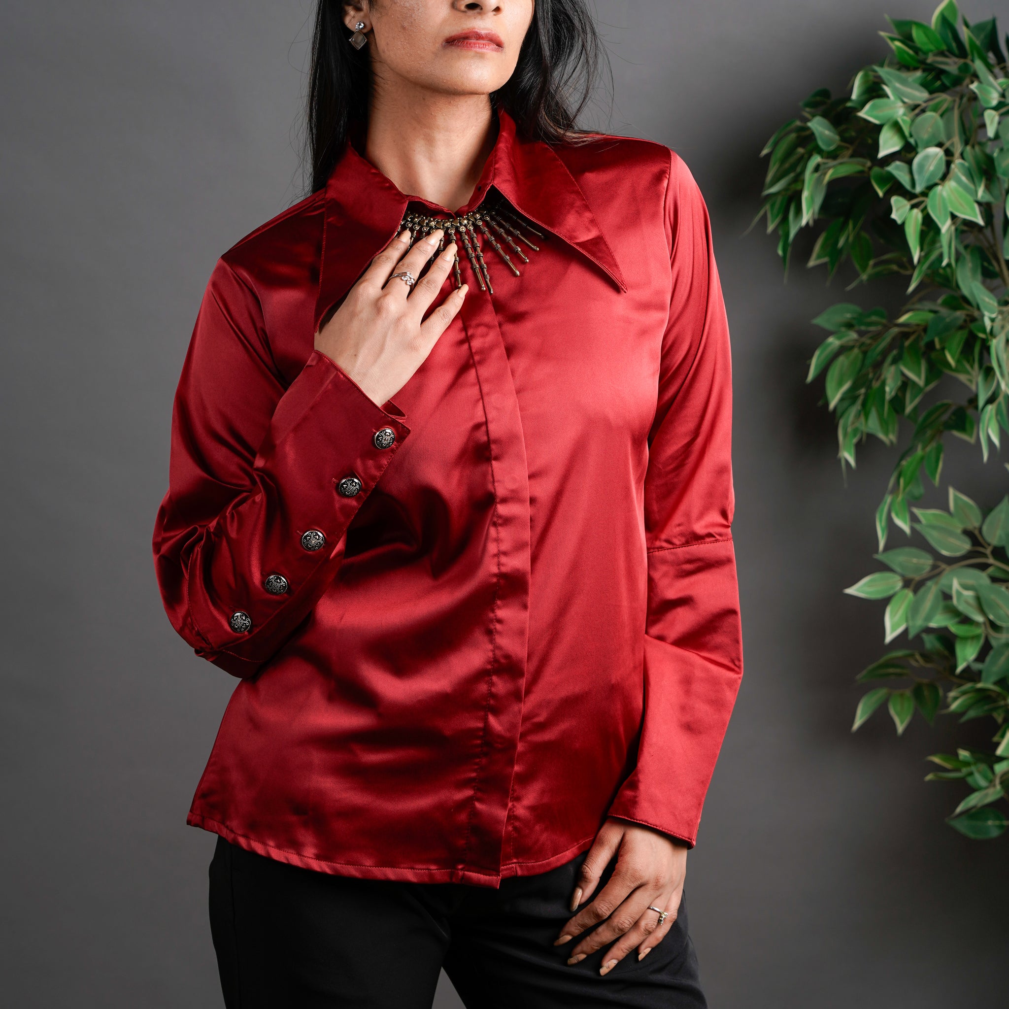 The Long Collar Satin Top Crimson Red