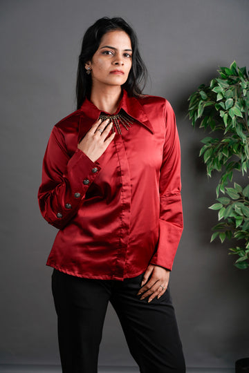 The Long Collar Satin Top Crimson Red