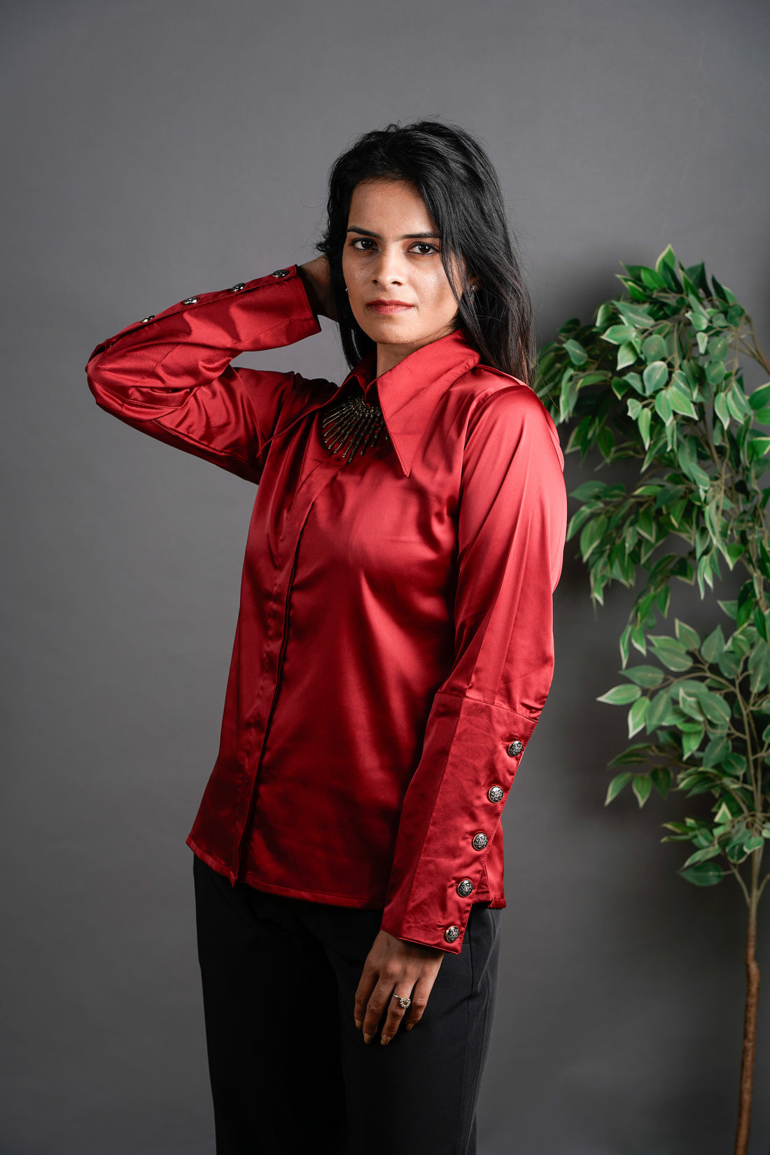 The Long Collar Satin Top Crimson Red
