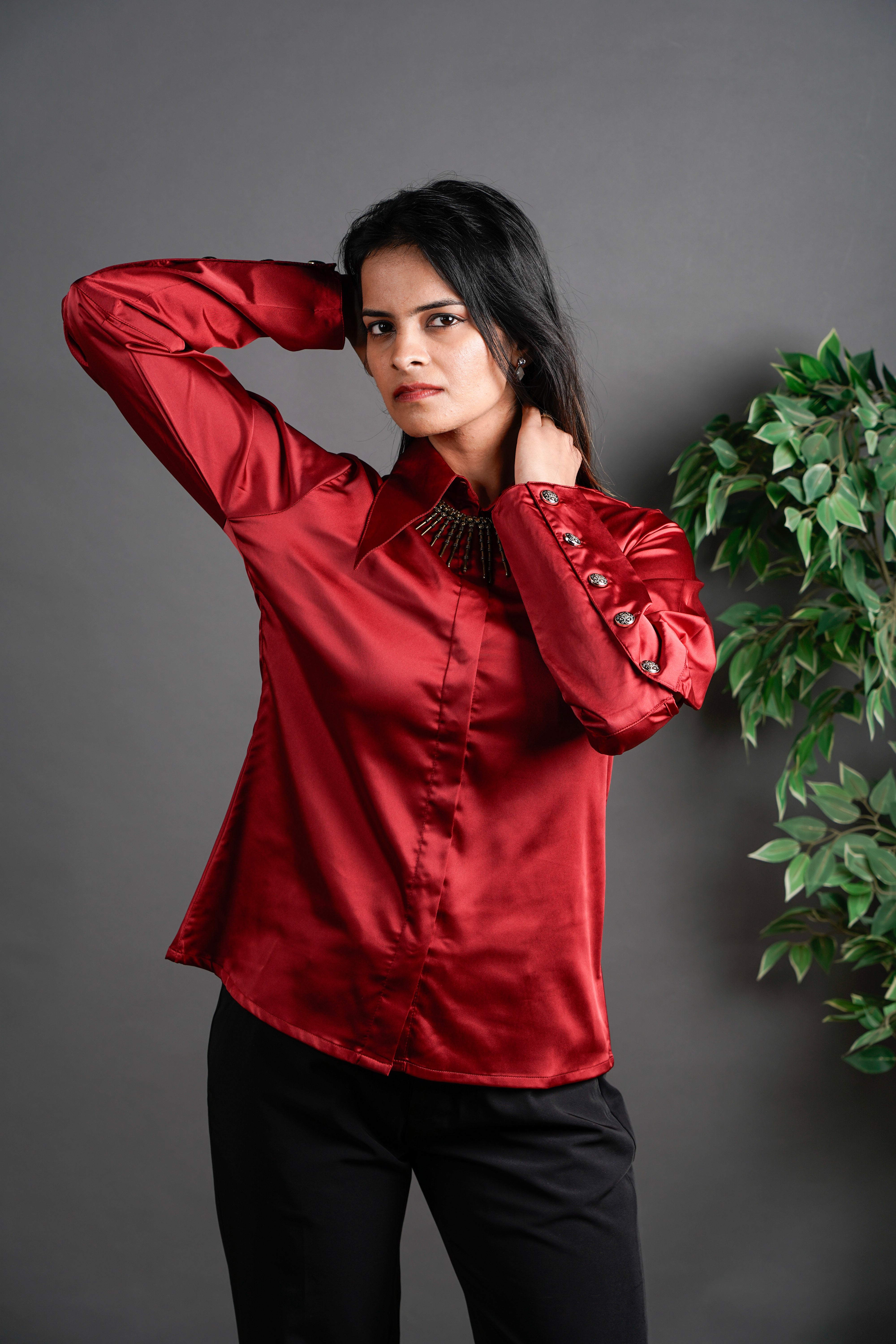 The Long Collar Satin Top Crimson Red