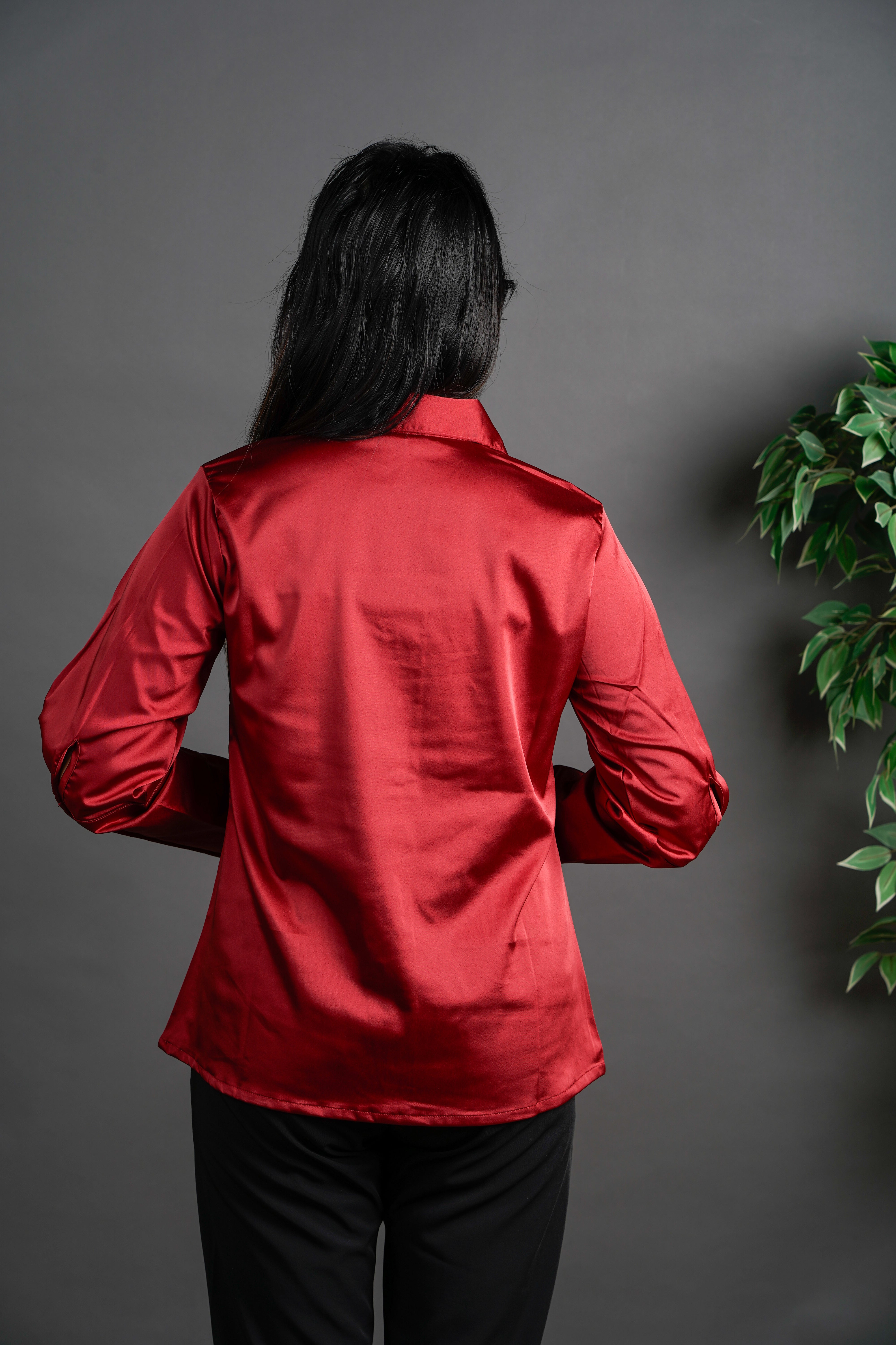 The Long Collar Satin Top Crimson Red