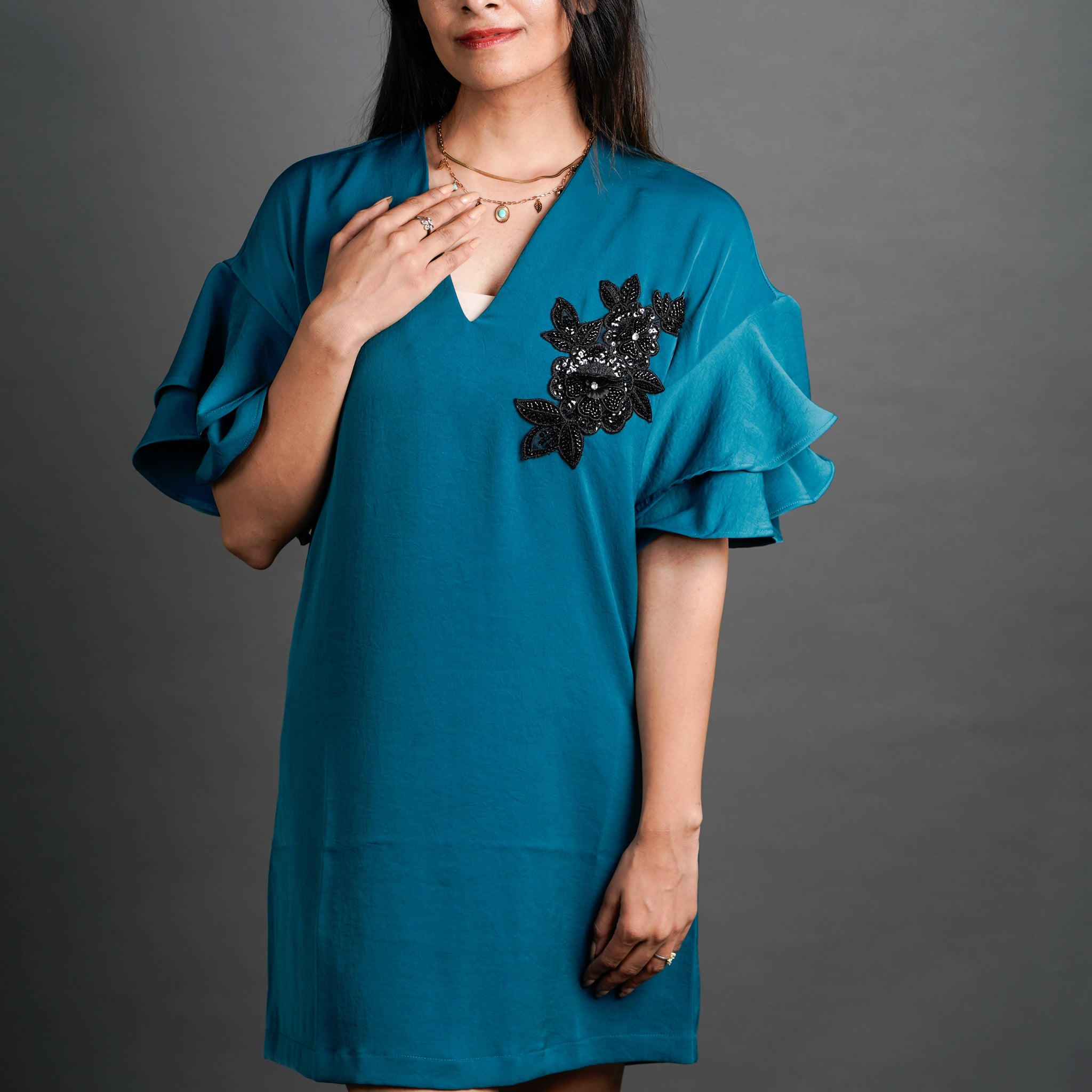 The Structured Patch Detailed Dress Dark Teal