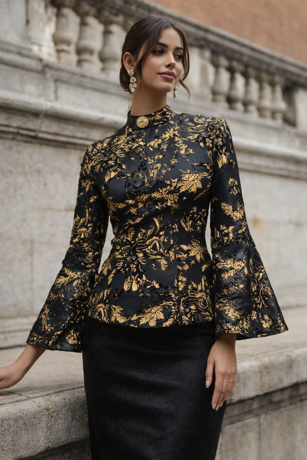 Noir & Gold Brocade A-Line Top