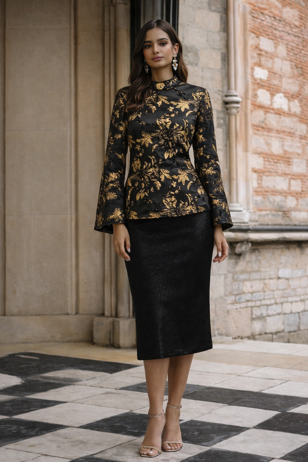 Noir & Gold Brocade A-Line Top