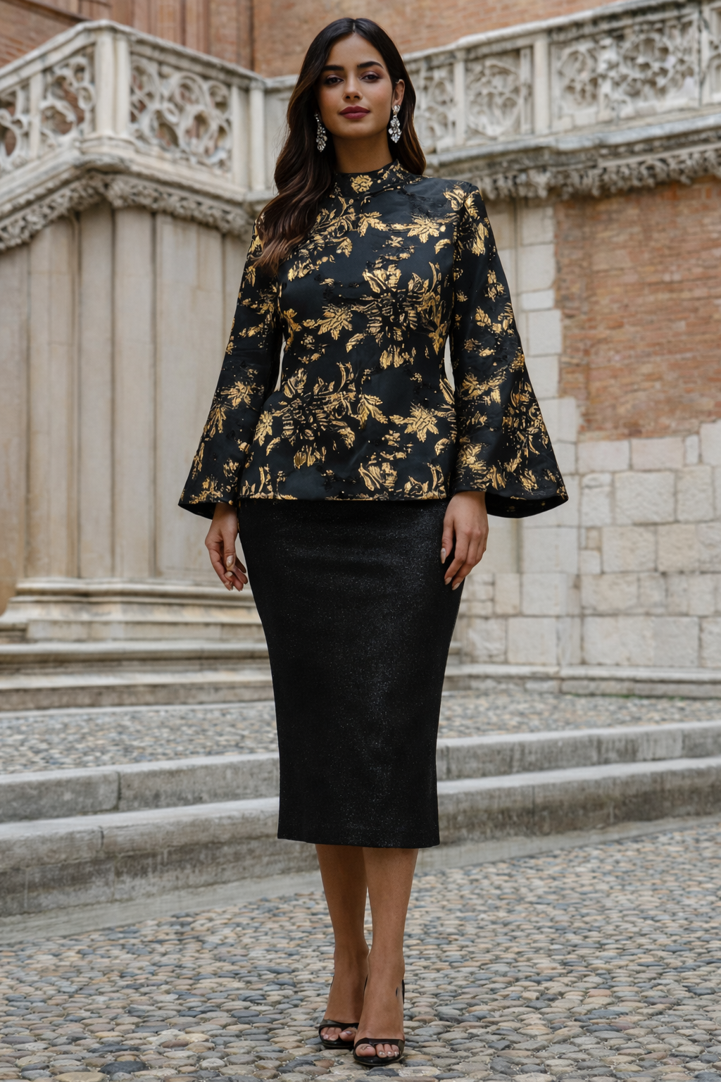 Noir & Gold Brocade A-Line Top