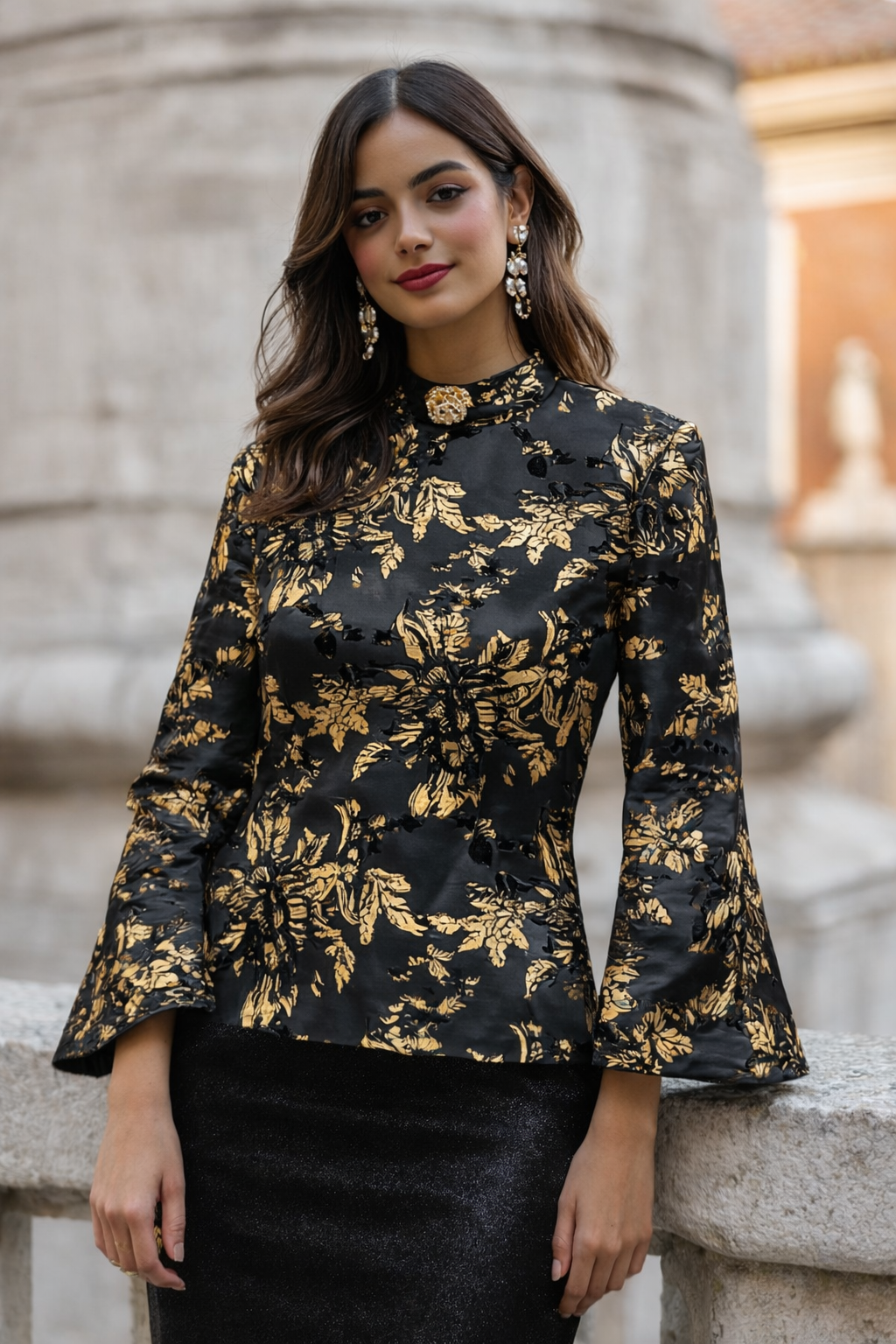 Noir & Gold Brocade A-Line Top