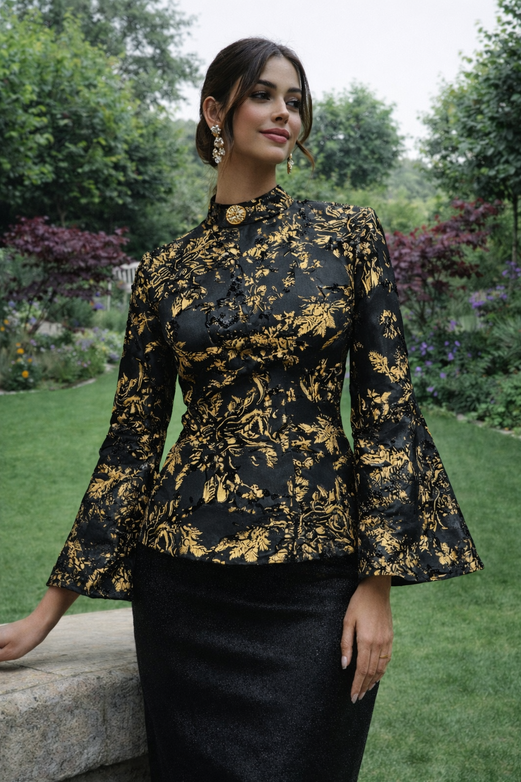 Noir & Gold Brocade A-Line Top