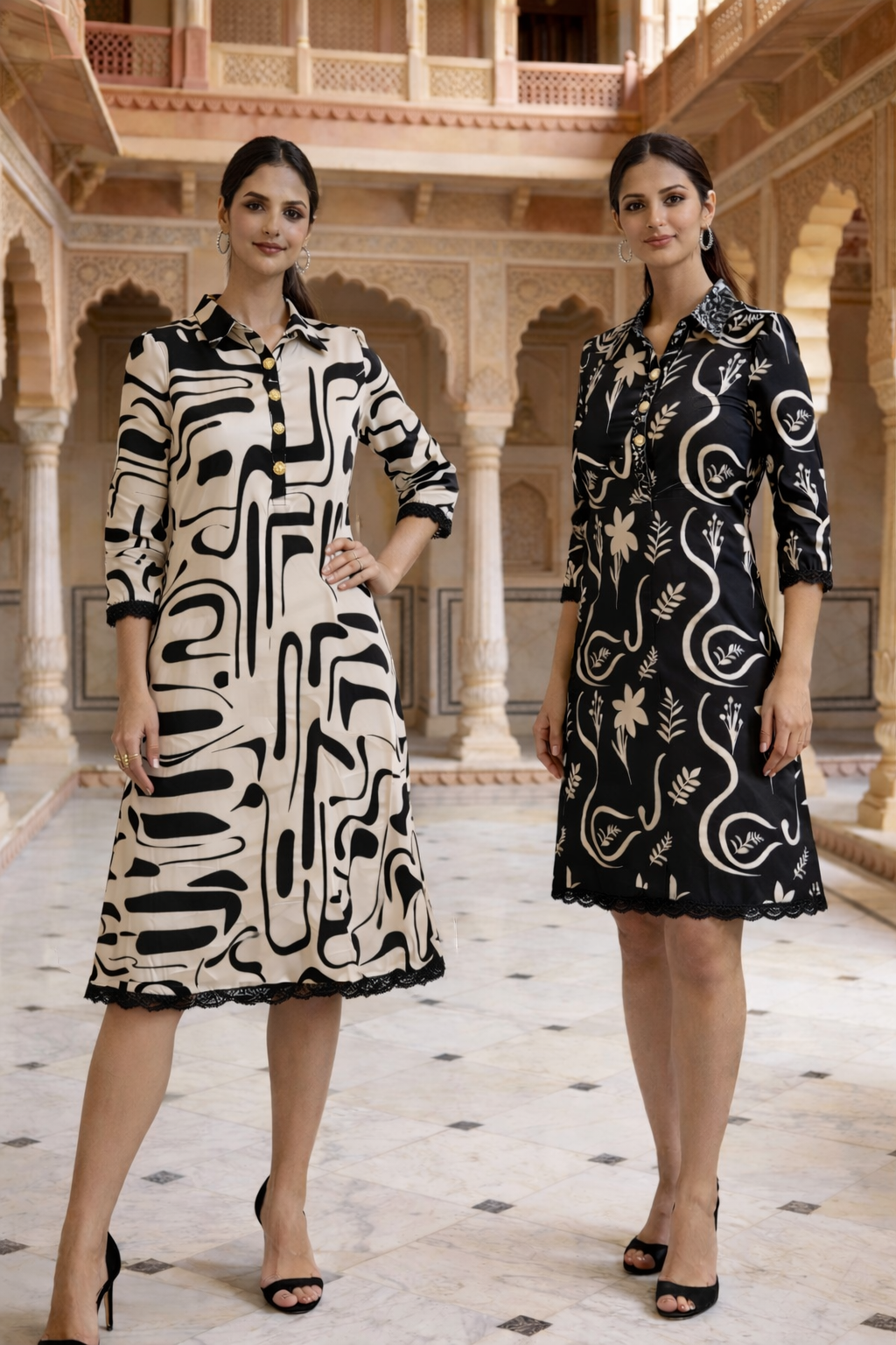 Ivory Noir Heritage Printed Dress