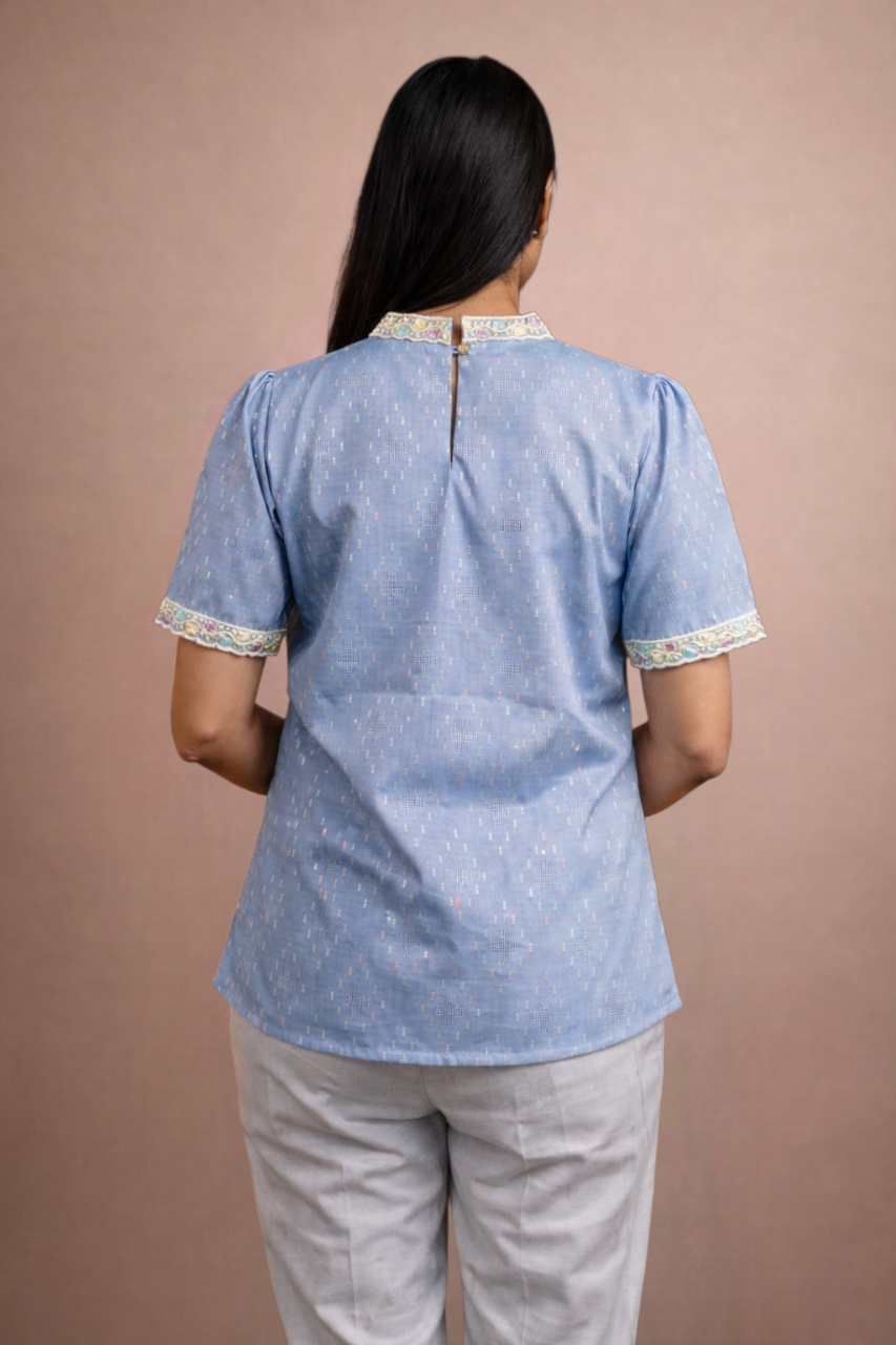 The Framed Linen Top Ice Blue