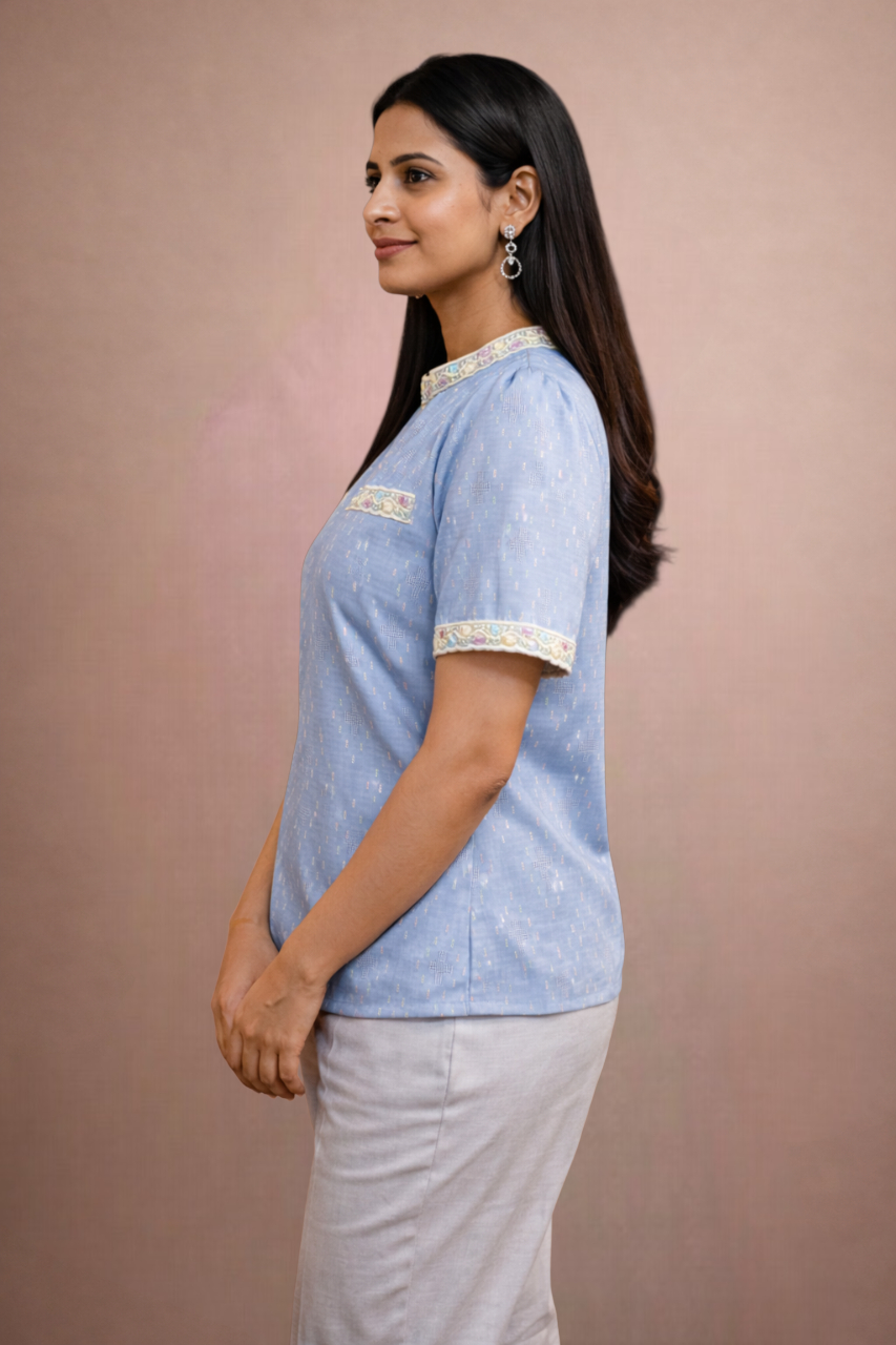 The Framed Linen Top Ice Blue