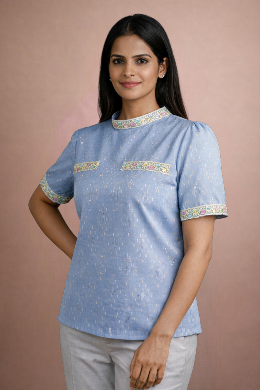 The Framed Linen Top Ice Blue
