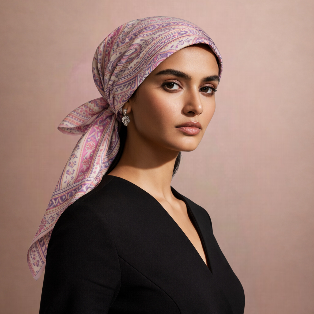 The Pastel Mosaic Luxe Satin Scarf – Artisanal Elegance in Soft Hues (Pink)