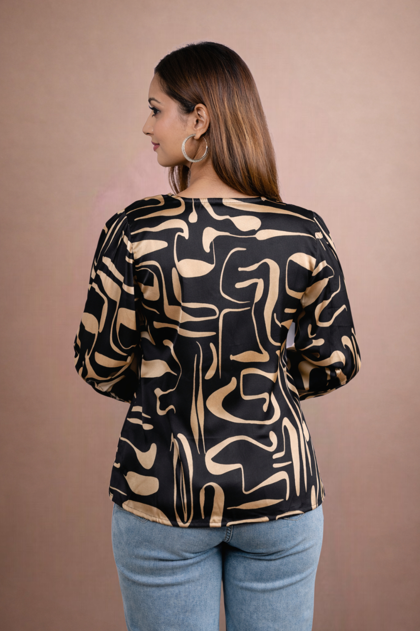 The Cuffed Print Top Black & Gold