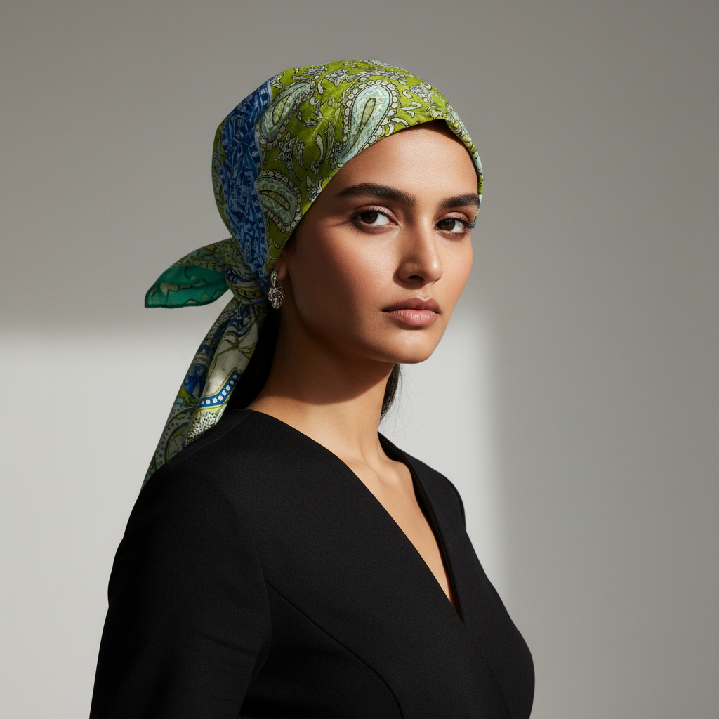 The Pastel Mosaic Luxe Satin Scarf – Artisanal Elegance in Soft Hues (Olive Green)