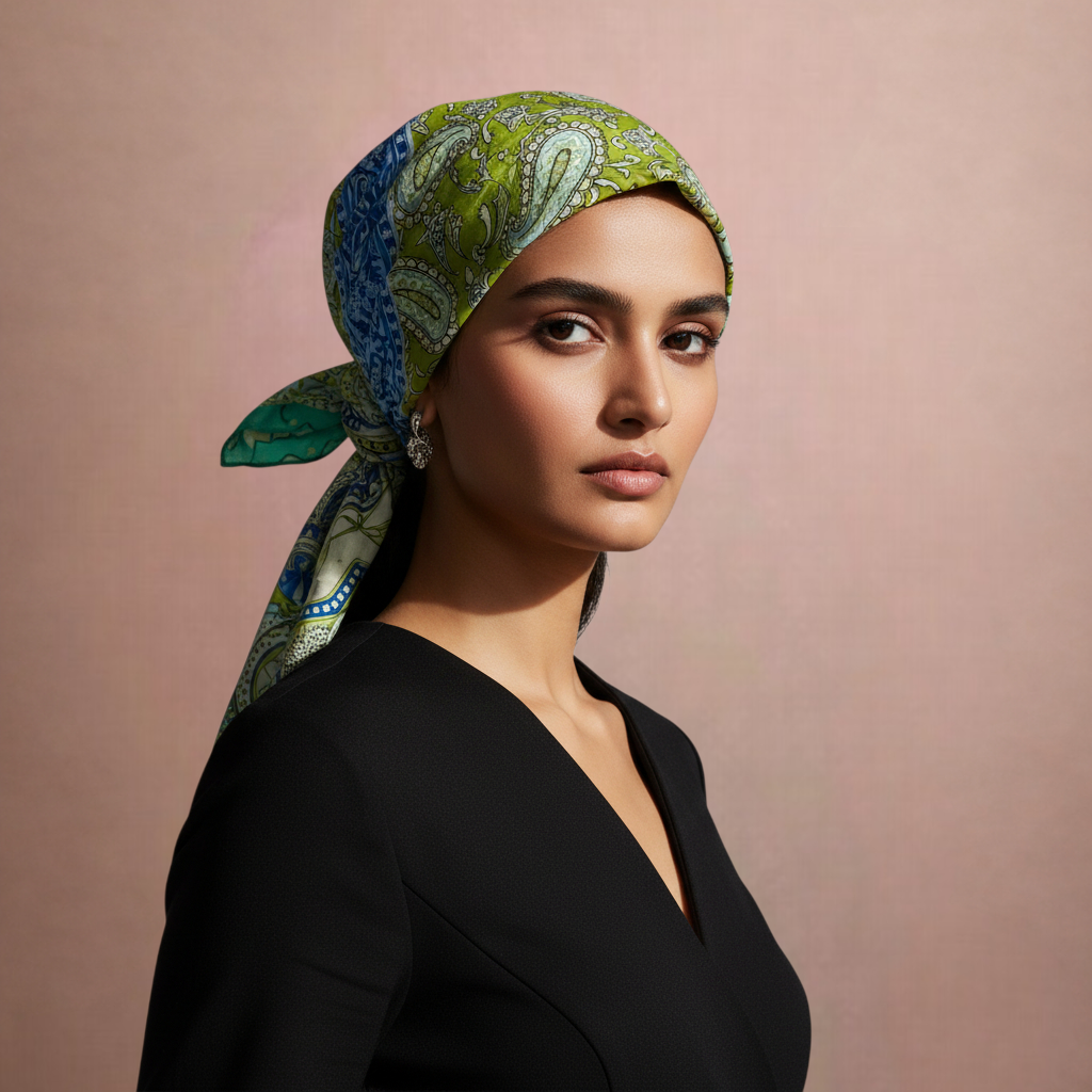 The Pastel Mosaic Luxe Satin Scarf – Artisanal Elegance in Soft Hues (Olive Green)