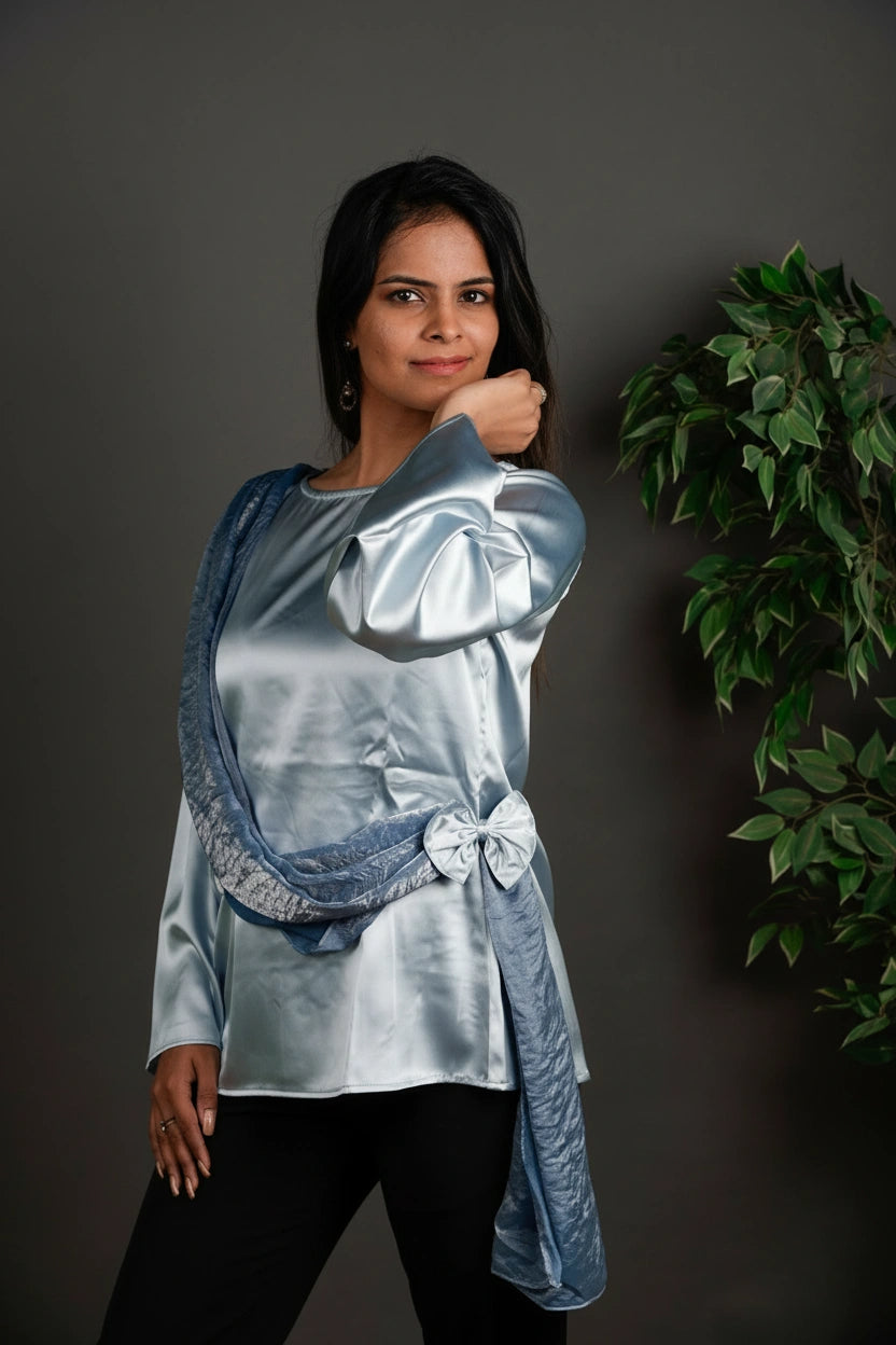 The Draped Ruffle Top Silver Grey