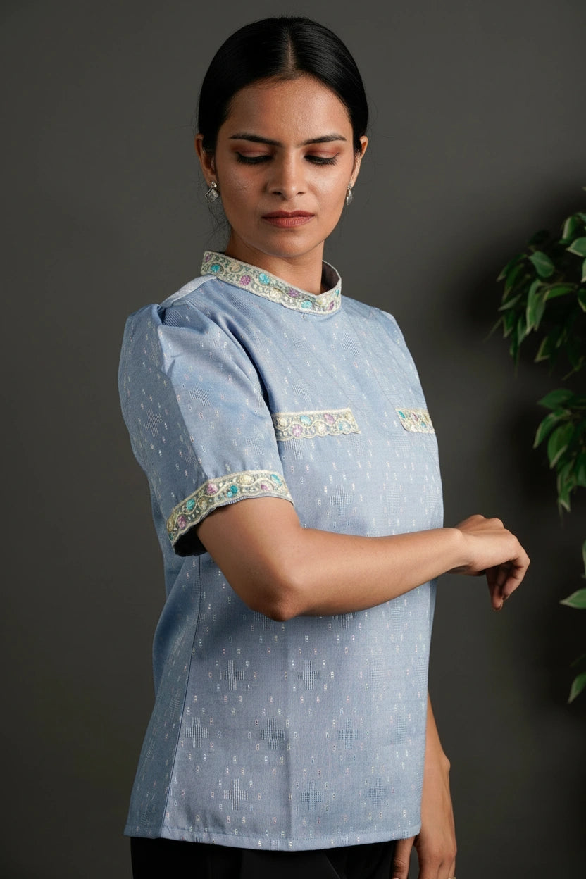 The Framed Linen Top Ice Blue