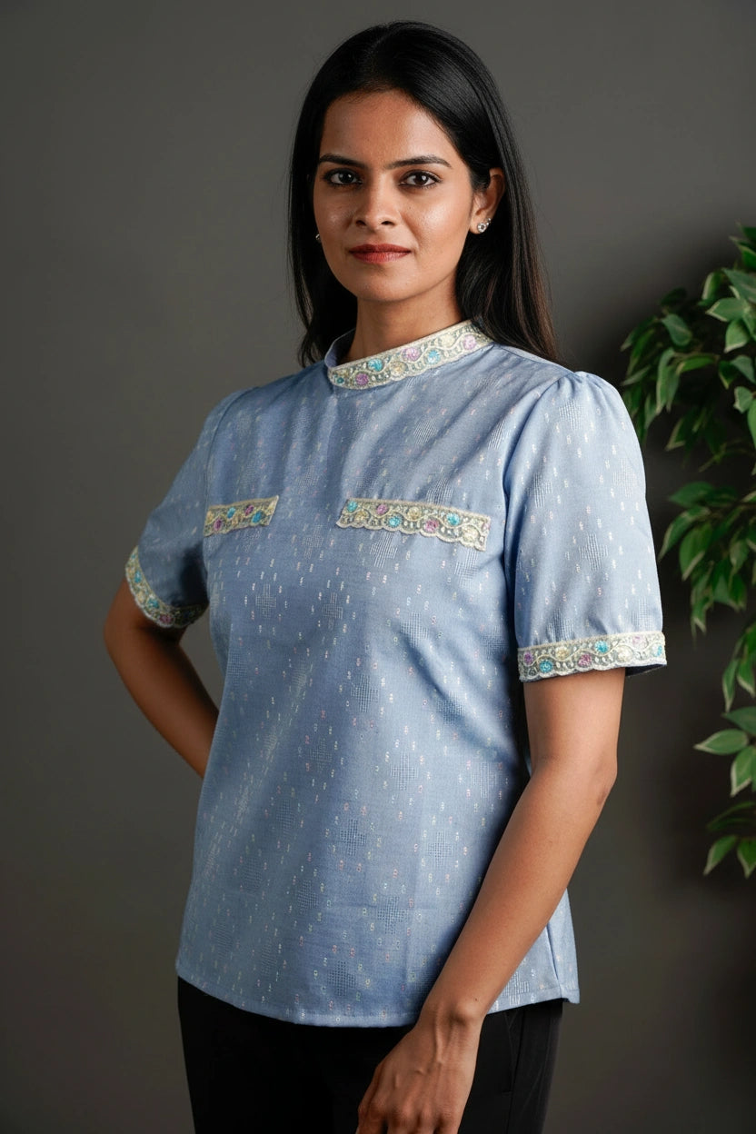 The Framed Linen Top Ice Blue
