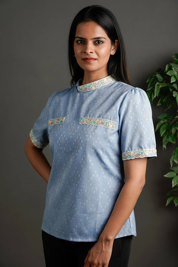 The Framed Linen Top Ice Blue