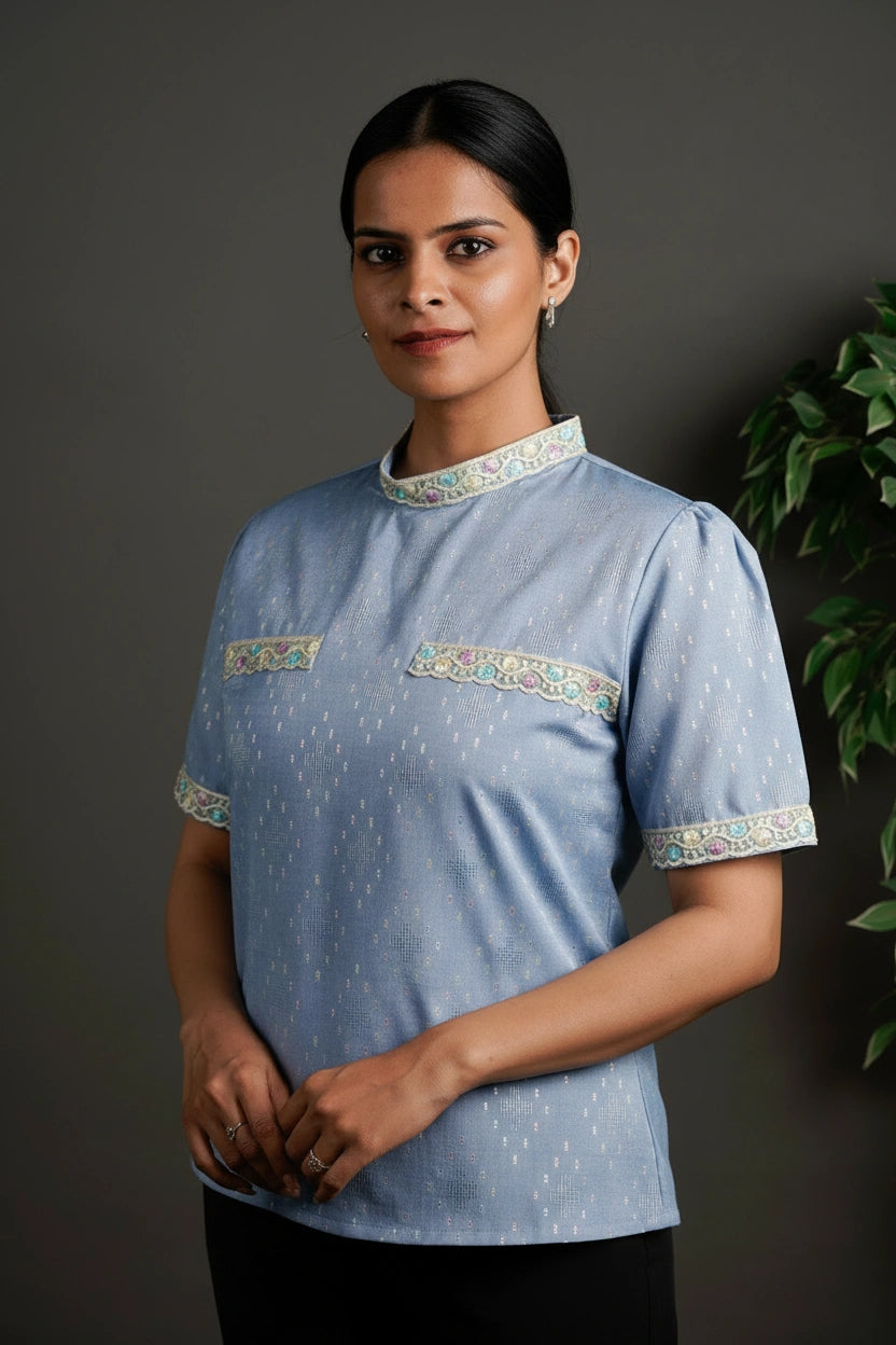 The Framed Linen Top Ice Blue