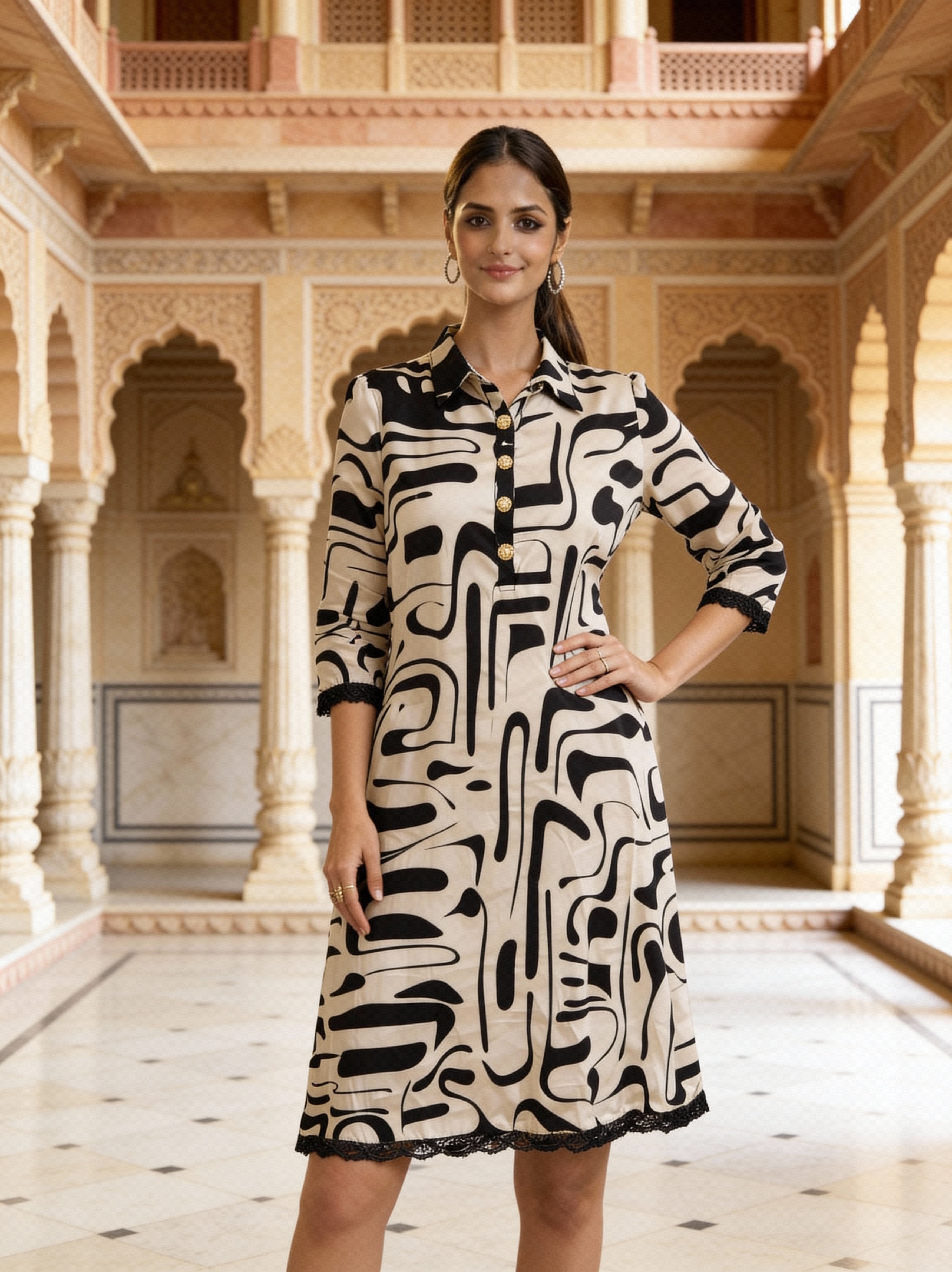 Ivory Noir Heritage Printed Dress