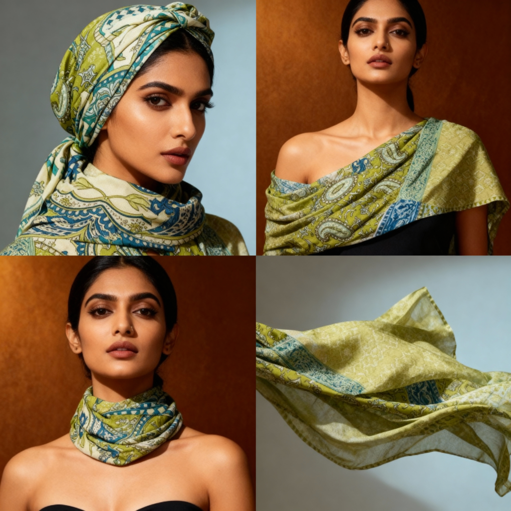 The Pastel Mosaic Luxe Satin Scarf – Artisanal Elegance in Soft Hues (Olive Green)