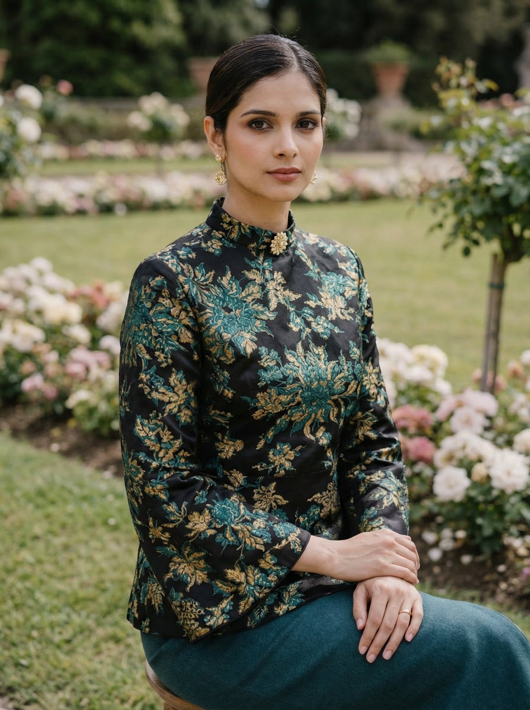 Emerald, Gold & Noir Brocade A-Line Top