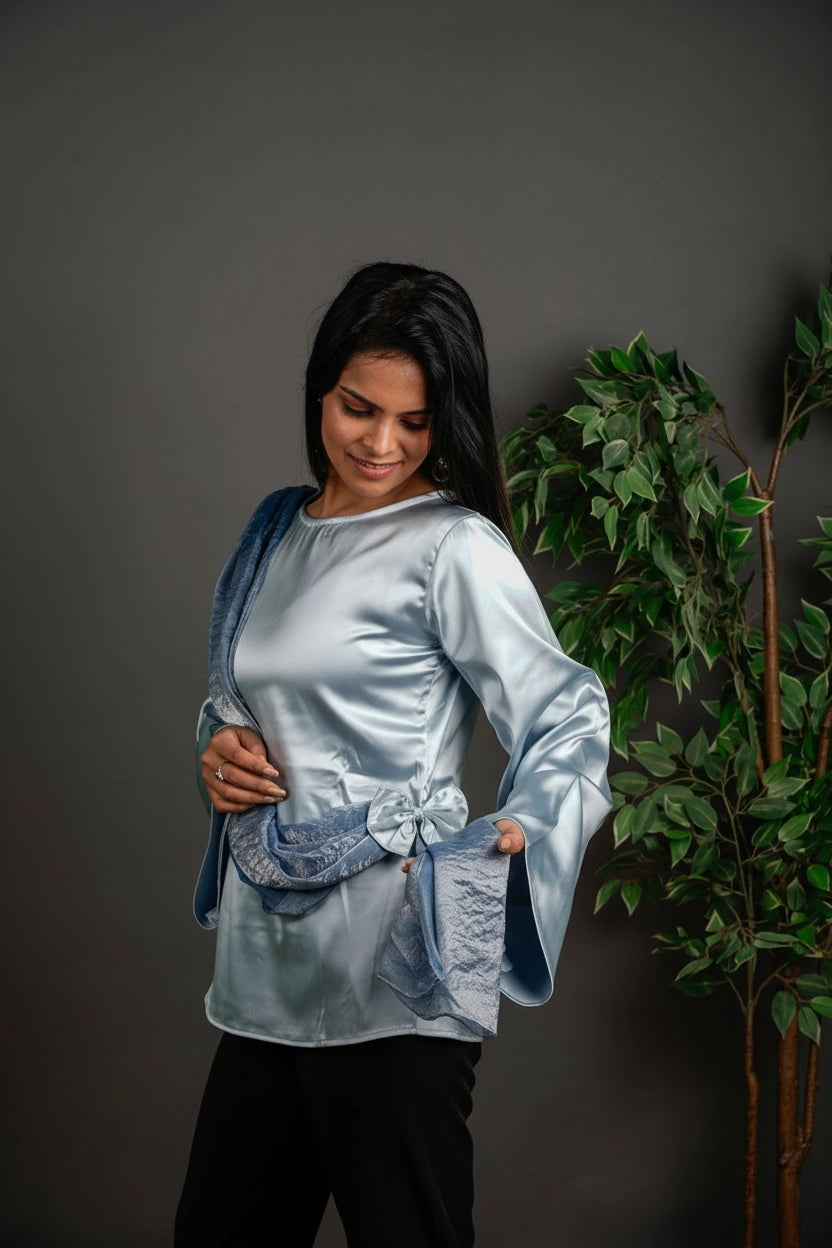 The Draped Ruffle Top Silver Grey