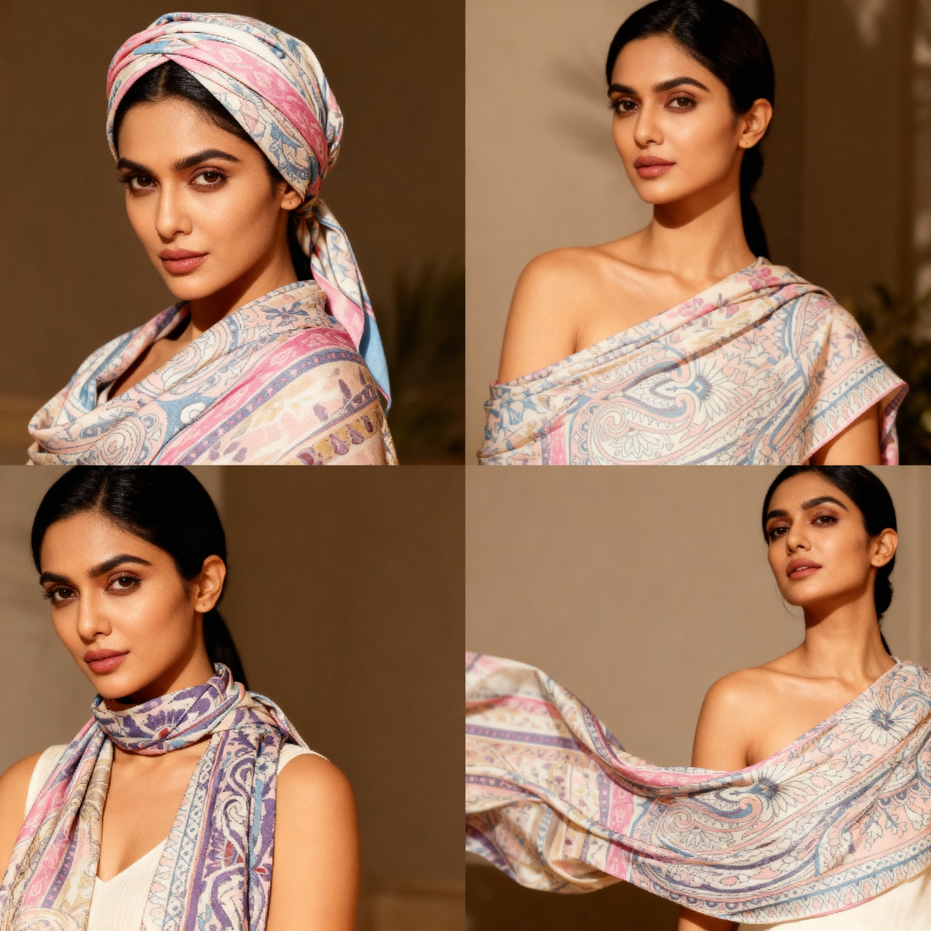 The Pastel Mosaic Luxe Satin Scarf – Artisanal Elegance in Soft Hues (Pink)