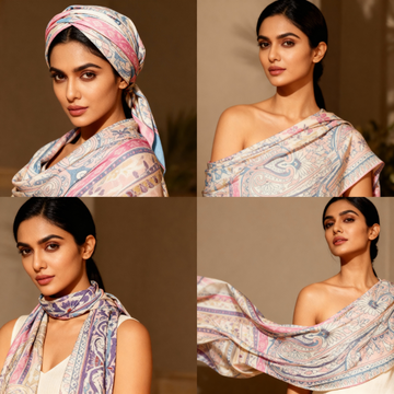 The Pastel Mosaic Luxe Satin Scarf – Artisanal Elegance in Soft Hues (Pink)