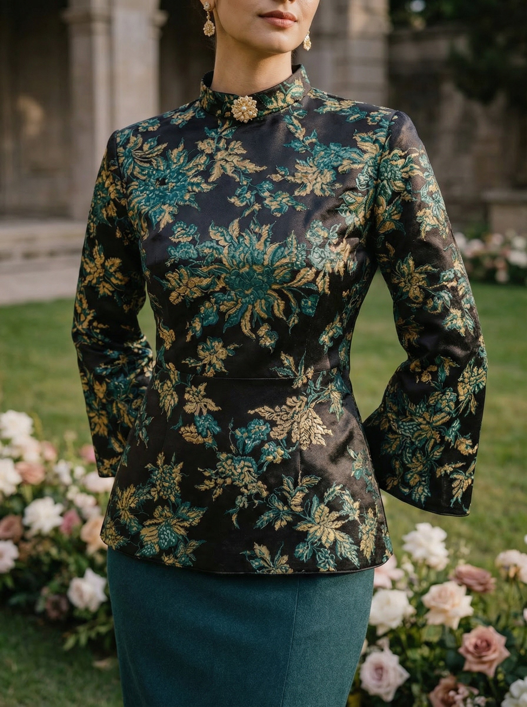 Emerald, Gold & Noir Brocade A-Line Top